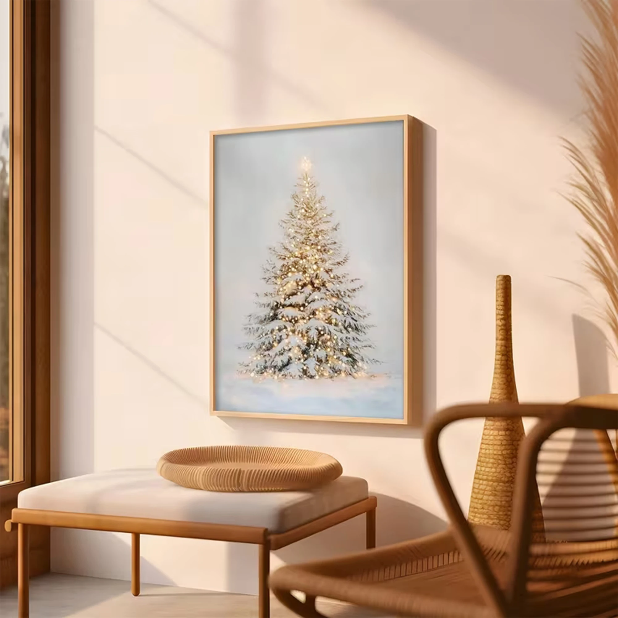 雪の夜に輝く星が映える、レトロなクリスマスツリーの壁掛けアー - Home Decor Tree のレビューと価格