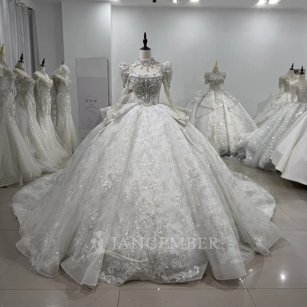 

Customized Exquisite Long Sleeves Backless Bridal Dress Shiny Sequins Beads Wedding Dress 2025 Ball Gown Robe Vestido De Novia