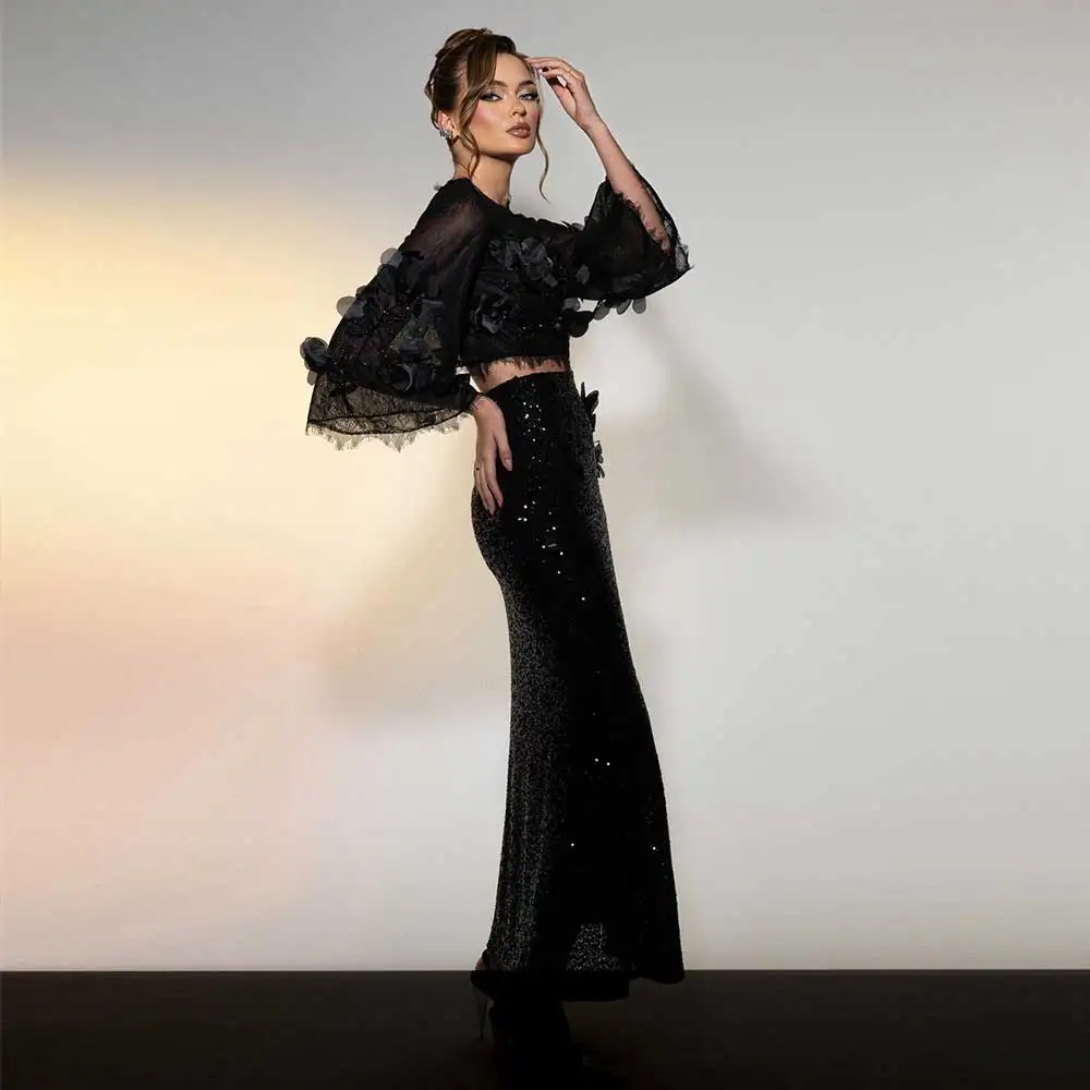 

Luxury Sequin Prom Gown Sheath Black Illusion Long Sleeved Backless Crew-Neck Hollow Applique Women's Sexy Evening Dress