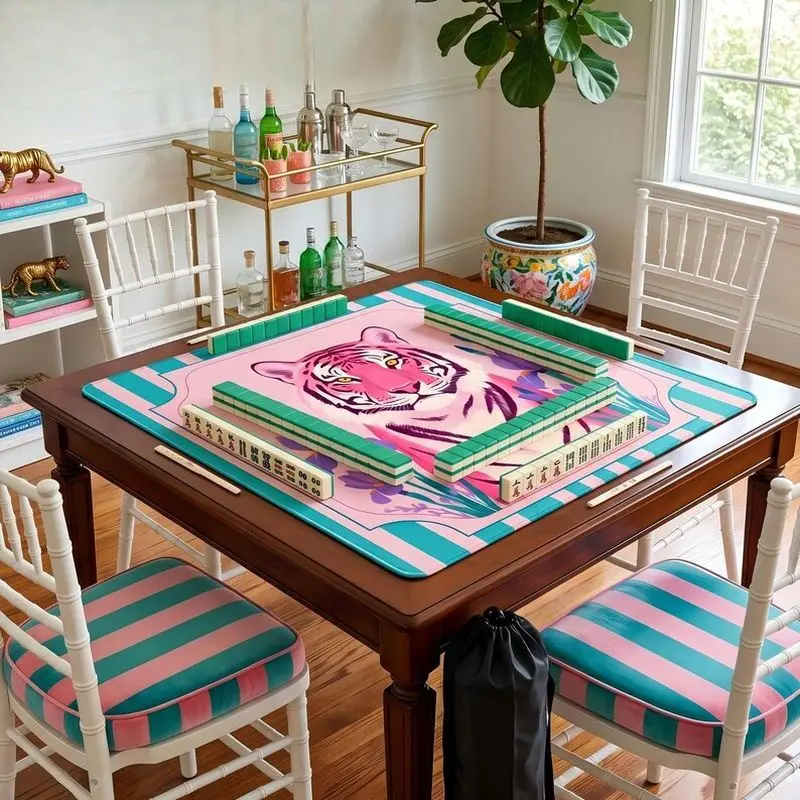 VIKAMA teal green lotus botanical zen mahjong pad soft noise reduction washable rug ideal for us size table poker domino game