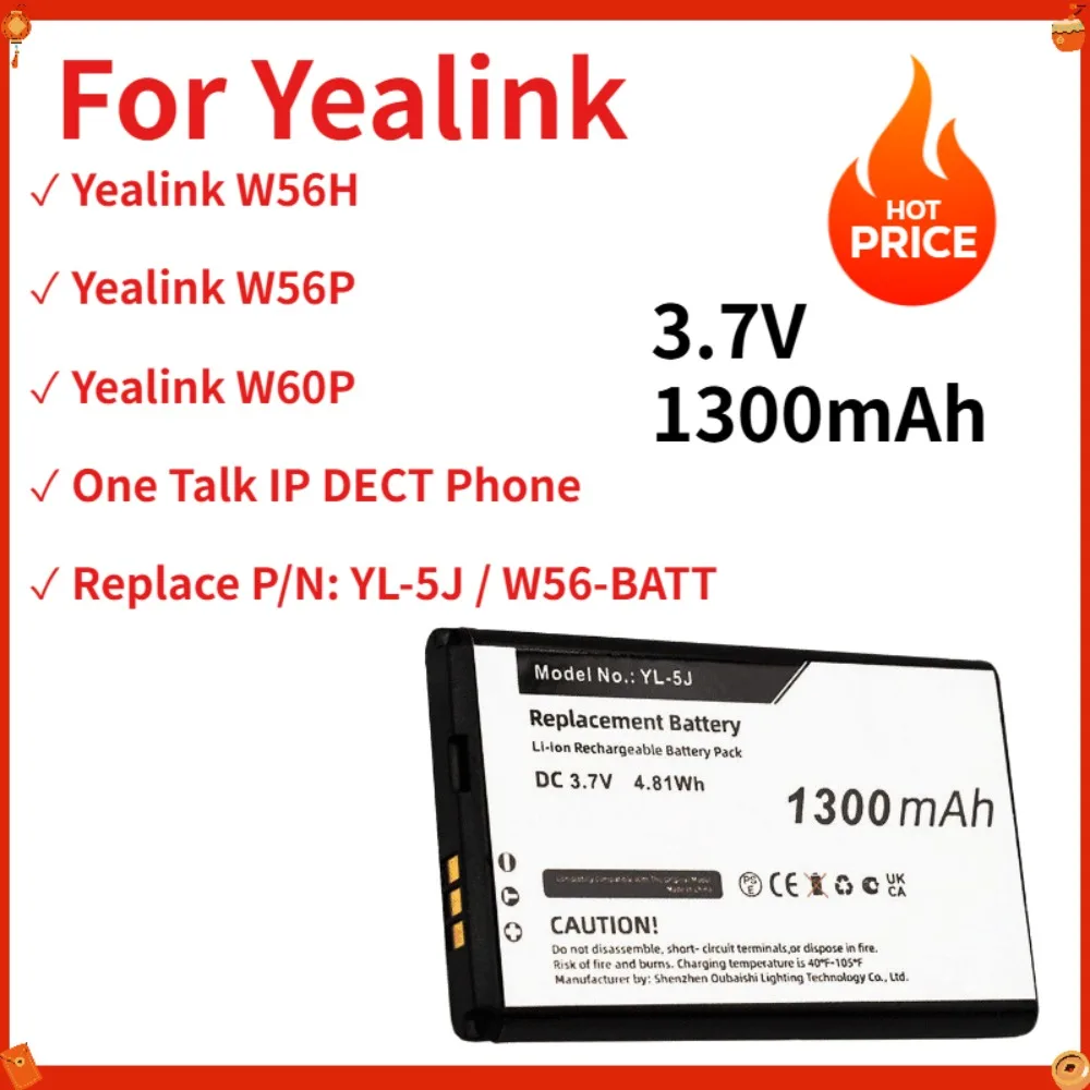 Batería YL-5J de 3.7V y 1300mAh para Yealink W56H W56P W60P - Batería de Repuesto para Teléfono Inalámbrico