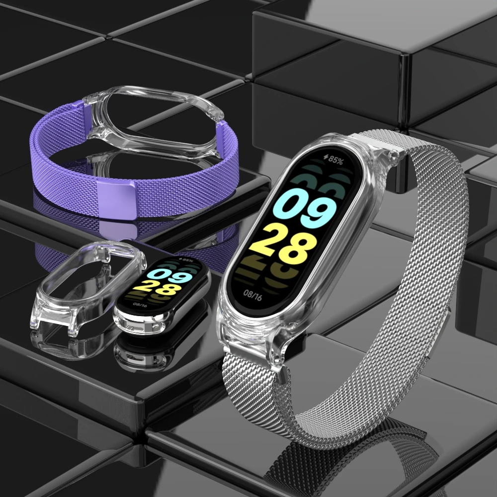 Suitable for Xiaomi band 345678 generation Milan magnetic + transparent plastic protective case strap miband 8/7/6/5/4/3 strap