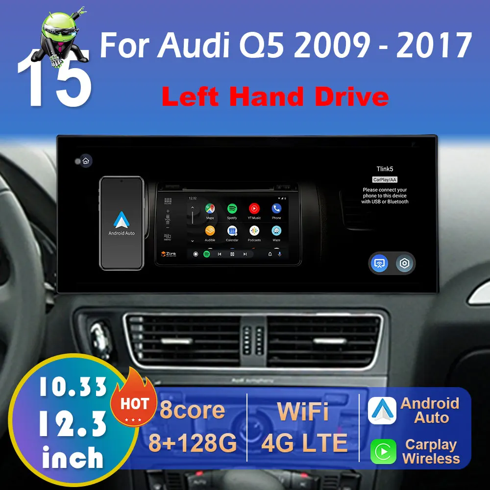 Linkslenker Android 15 für Audi Q5 2009 2010 2011 2012 2013 2014 - 2017 Carplay Auto-Multimedia-Videoplayer Zubehör WIFI