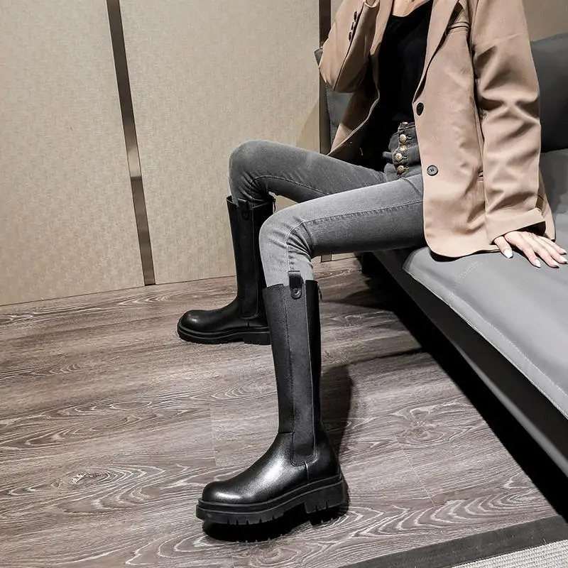 Winter Knee High Shaft Biker Ladies Boots Black Middle Heel Footwear Shoes for Women Round Toe Waterproof Demi-season Trend Hot