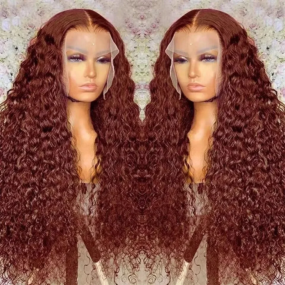 30 34 38 Inch Reddish Brown Deep Wave Frontal Wig 13x4 13X6 HD Lace Frontal Wig Colored Curly Lace Closure Front Human Hair Wigs