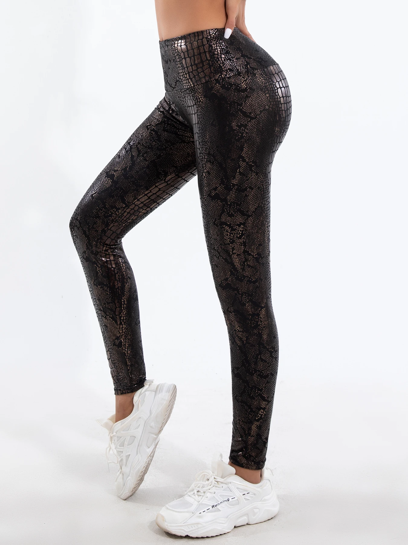 New High Waist Hot Gold Snake Print Leggings High Stretch Tight Nine-point Pants Women Waist Brown Snake Print Small Feet Pants