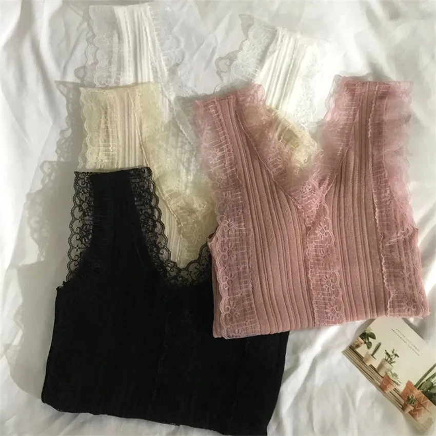 Chalecos de encaje que combinan con todo para mujer, camisetas sin mangas con cuello en V, trajes de tirantes para chica, Tops ajustados con fondo WZ1735