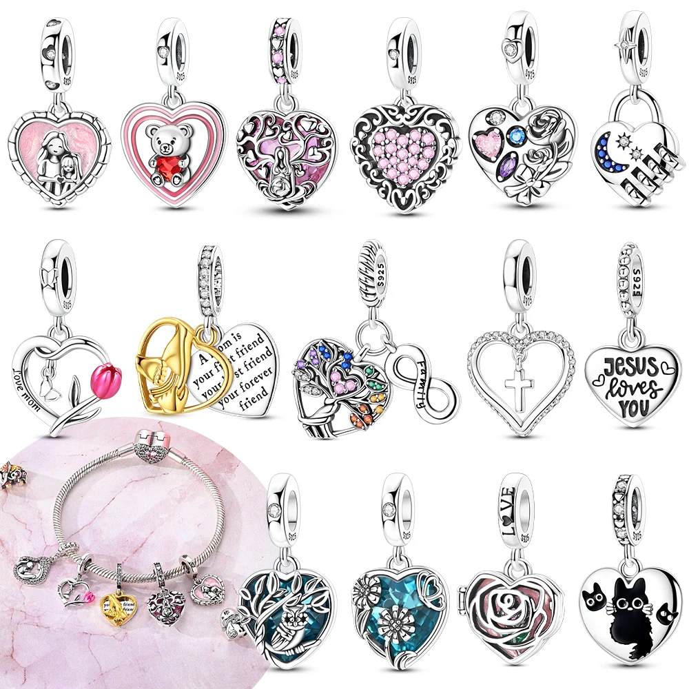 

Blue Sunflower Owl Pink Heart Love Rose Cross Original 925 Silver Life Tree Bead Fit Bracelet Accessory Fine Valentine's Gift