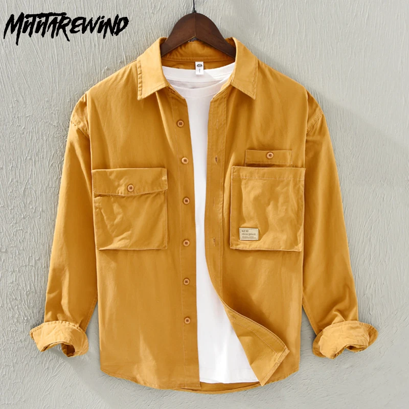 

Japanese Fashion Cargo Shirt Men Spring Fall Casual Pure Cotton Men Long Sleeve Shirt Double Pocket Loose Shirts Youth Overshirt