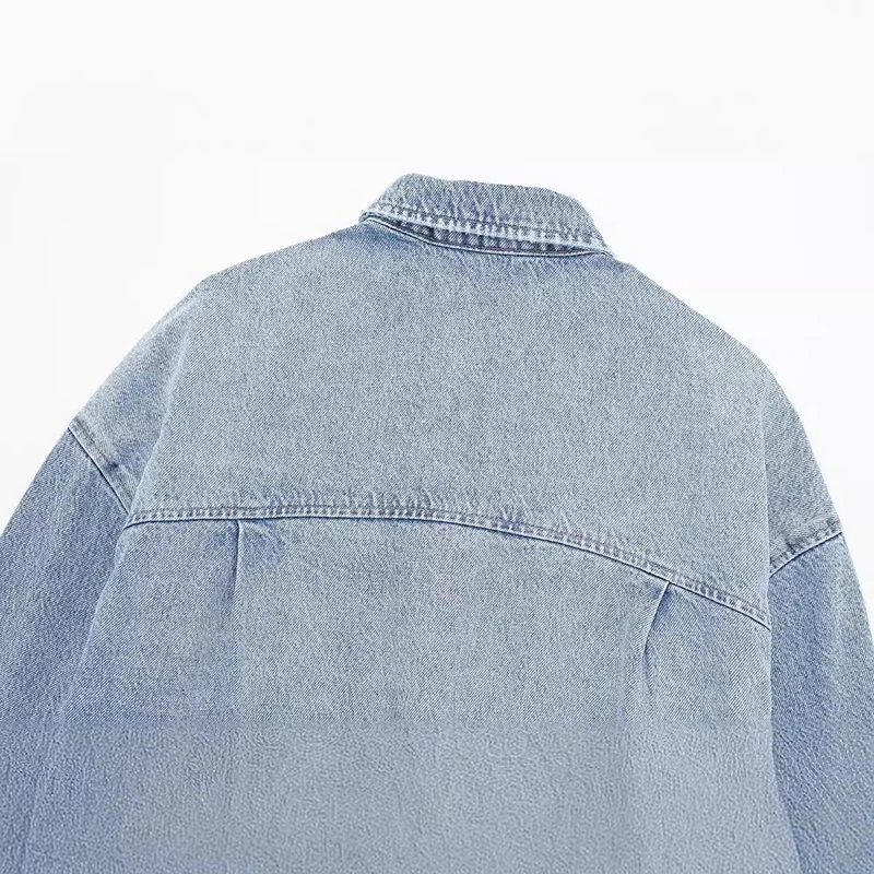 Jaket Denim biru kasual wanita, pakaian lengan panjang kerah sebaris longgar baru 2024 untuk perempuan musim semi musim gugur