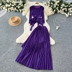 Elegant O-neck Chic Long Sleeves Slim Bandage Top High Waist Asymmetrical Pleated Skirt Evening Party High Street Two-piece Sets