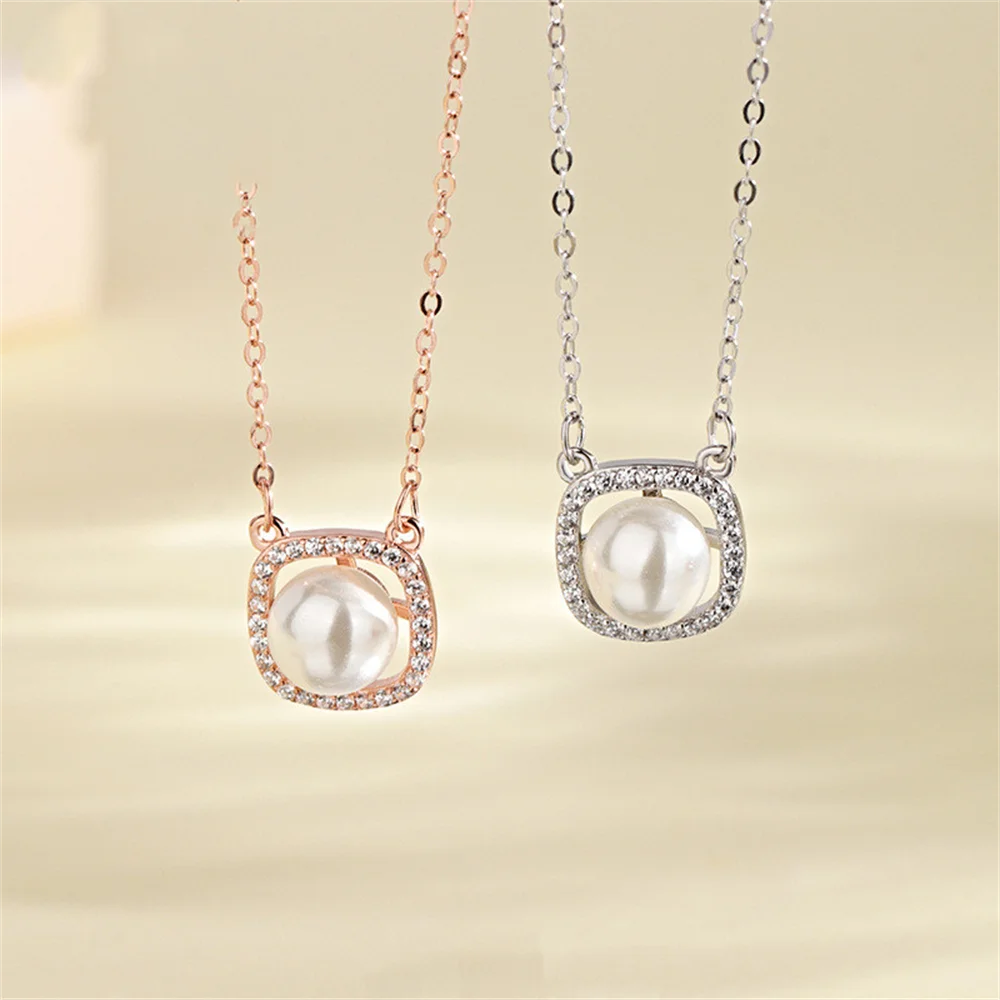 

Korean S925 Necklace - Square Geometry Freshwater Pearl, Elegant Dainty Women's Collar