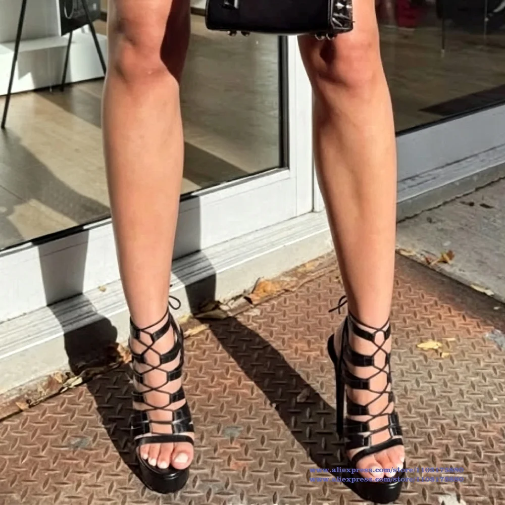 

Black Strappy Lace-Up Platform Stiletto Sandals Open-Toe Caged High Heels Ankle Strap Stilettos Sandalias De Mujer Verano
