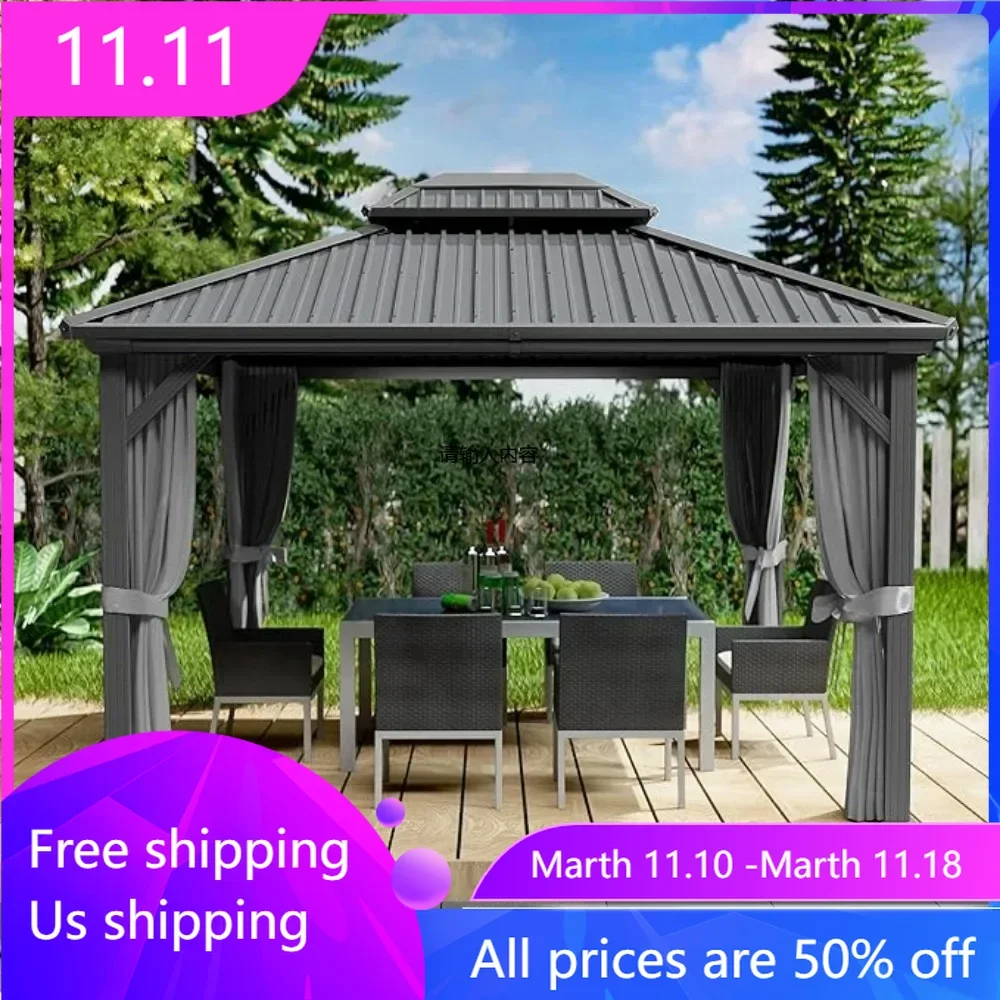 10x12FT Gazebo Double Roof Canopy Outdoor with Netting and Shaded Curtains, Aluminum Frame Polycarbonate Hardtop Garden Tent