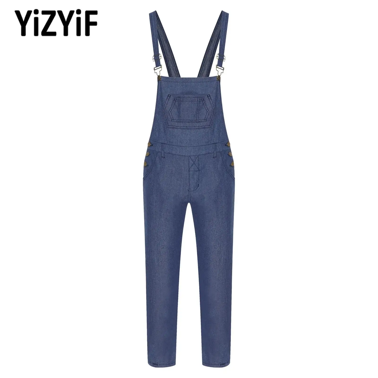 

Denim Jumpsuit for Mens Vocation Casual Clothes Beachwear Adjustable Wide Shoulder Straps Sleeveless Waist Buttons Overalls