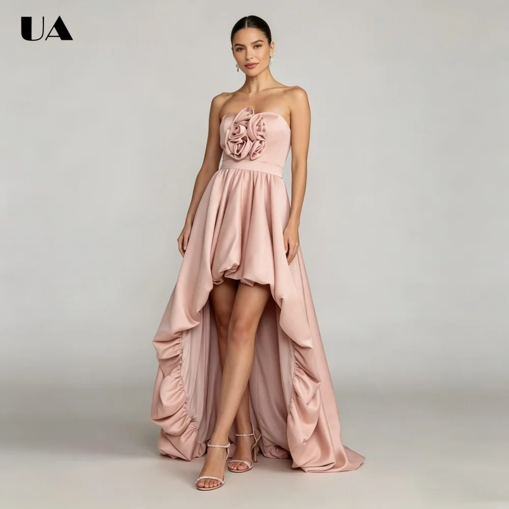 

ULBYANRY Customized Satin Strapless 3D Flower Prom Dress for Woman, Elegant A-line Evening Dress, Fashionable High-low Ball Gown