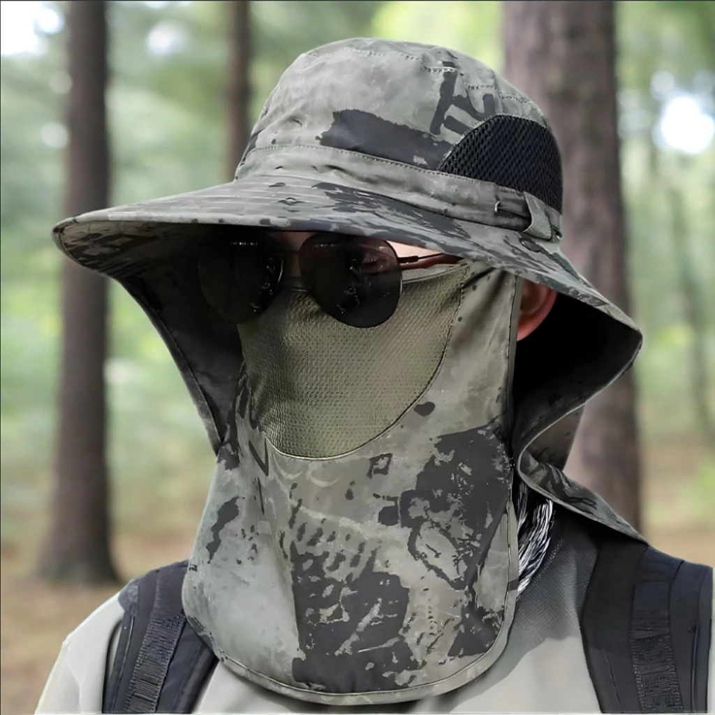 

Summer Outdoor Fishing Hats Wide Brim Boonie Bucket Hat with Face Mask UV Protections Sun Hat Men Women Beach Hunting Cap