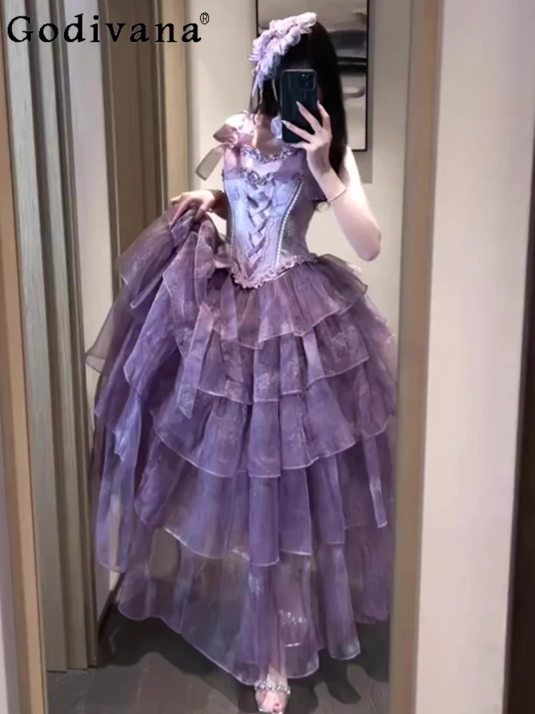 

Original Purple Fairy Style Lolita Long Dresses Summer Princess Birthday Party Evening Dress Ball Gown Lady Sweet Elegngt Dress
