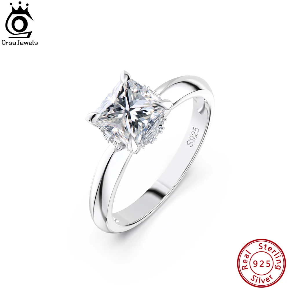

ORSA JEWELS Genuine 925 Sterling Silver White Zirconia Diamond Rings 8A CZ Decor Size 6/7/8/9 Square Design Party Present LZR01
