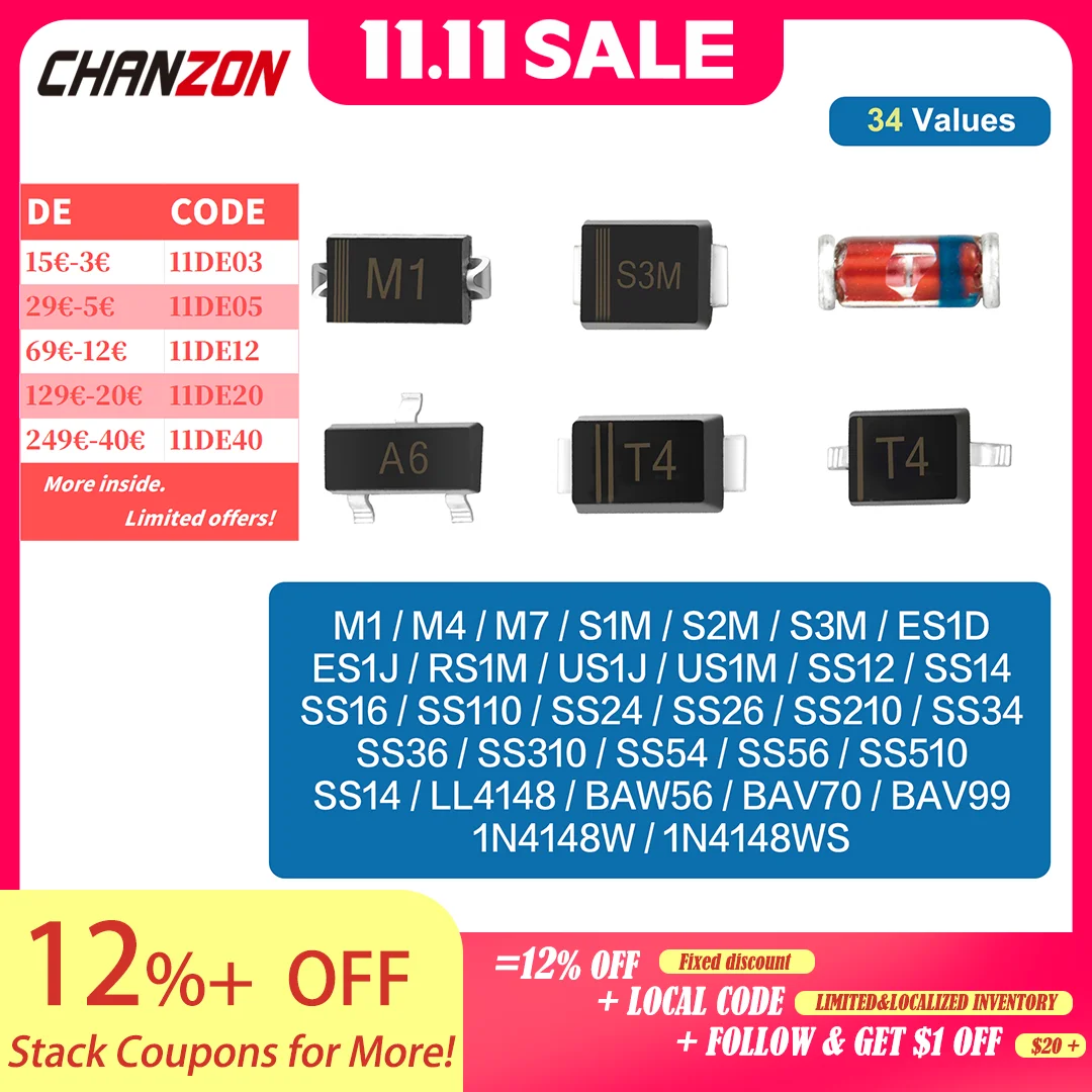 SMD Fast Recovery Schottky Barrier Switching Rectifier Diode M1 M4 M7 S1M S2M S3M RS1M US1M SS14 SS16 SS24 SS26 SS34 SS36 LL4148