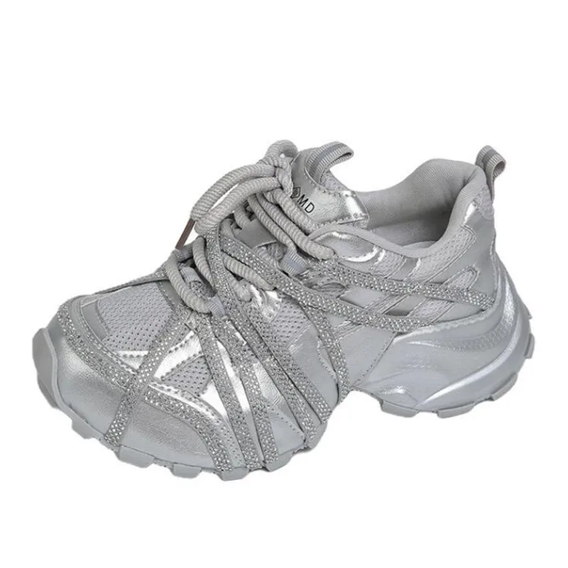 7CM Chunky Sneakers Women Casual Shoes High Platform New Bling Crystal Walking Shoes Comfortable Breathable Mesh Leather Sneaker