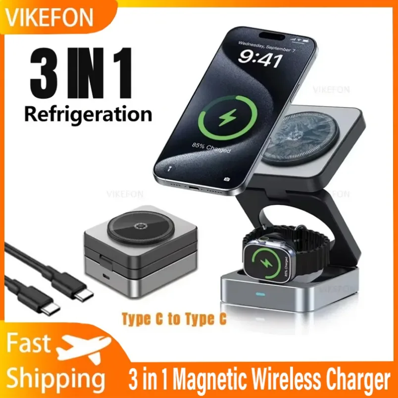 

3 in 1 Wireless Charger Stand Magnetic Foldable Wireless Charging Station for iPhone 15 14 13 12 Pro Max Apple Watch 8 9 Charger