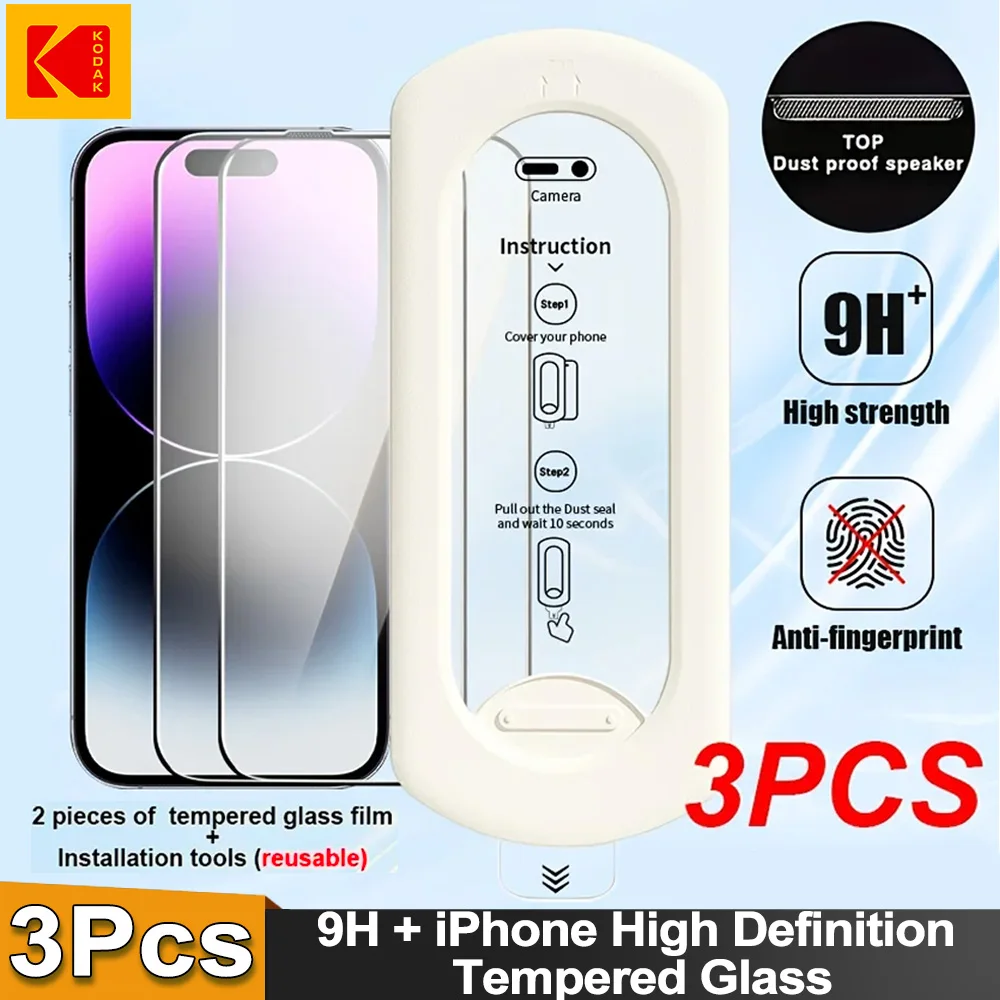 

Kodak 3Pcs iphone 16/15Pro 16/15 ProMax Plus 9H + HD high definition tempered glass film full coverage with installation tools