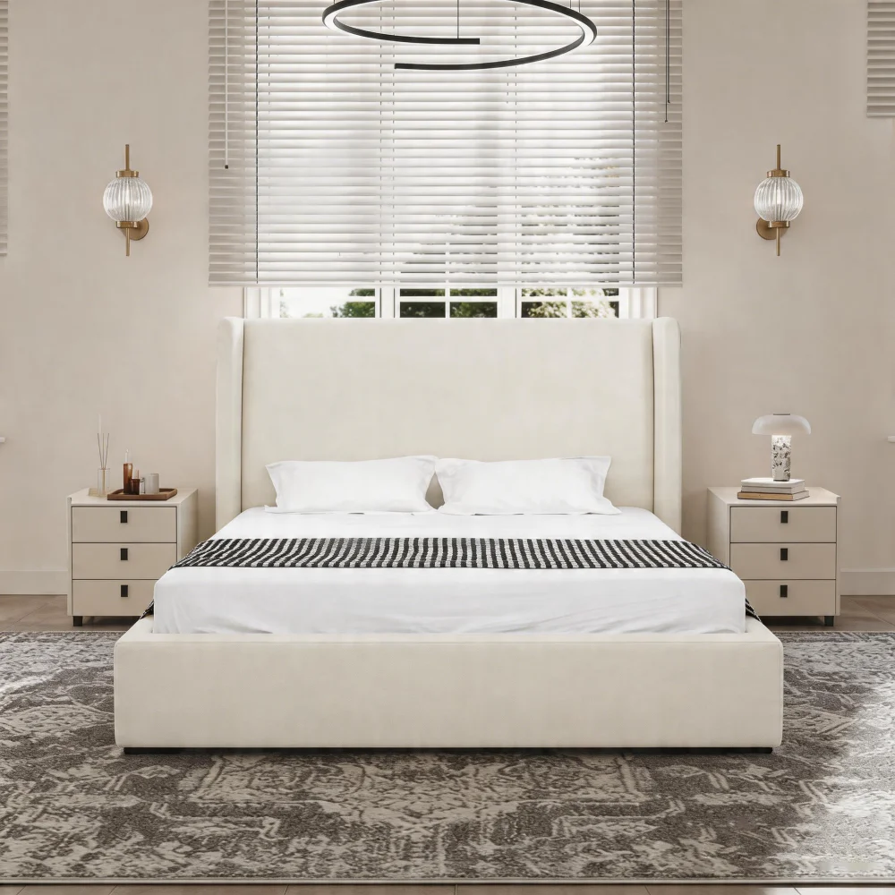 Modern Home Hotel Guest Room Bed With Solid Wood Slatted Frame Luxury Vacation Bedroom Furniture Set For Apartment Villa