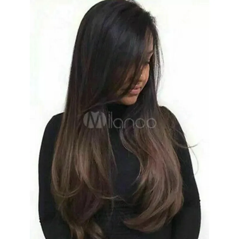 100% Human Hair New Women's Long Dark Brown Straight Wavy Capless Wigs 24 Inch