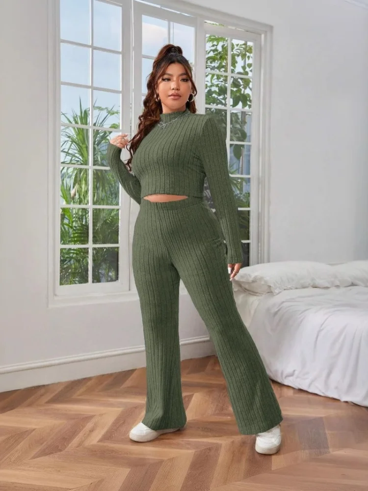

Wmstar Plus Size Women's Two Piece Sets Fashion Autumn and Winter Solid Color Comfortable and Slimming Bodycon Matching Suit