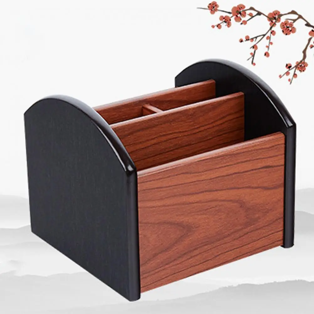 

Remote Control Holder Wooden Desktop Storage Box with 4 Compartments 360 Degree Rotation for Remote Control Scissors Phone