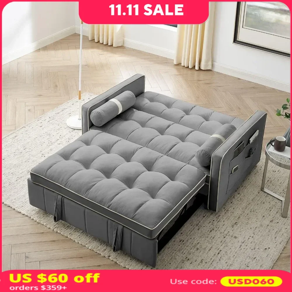 

Sofa Bed, 55.5 in, Small Tufted Velvet, Convertible Double with Pull-Out Bed, Adjustable Backrest, Easy Assembly, Sofa Sleeper