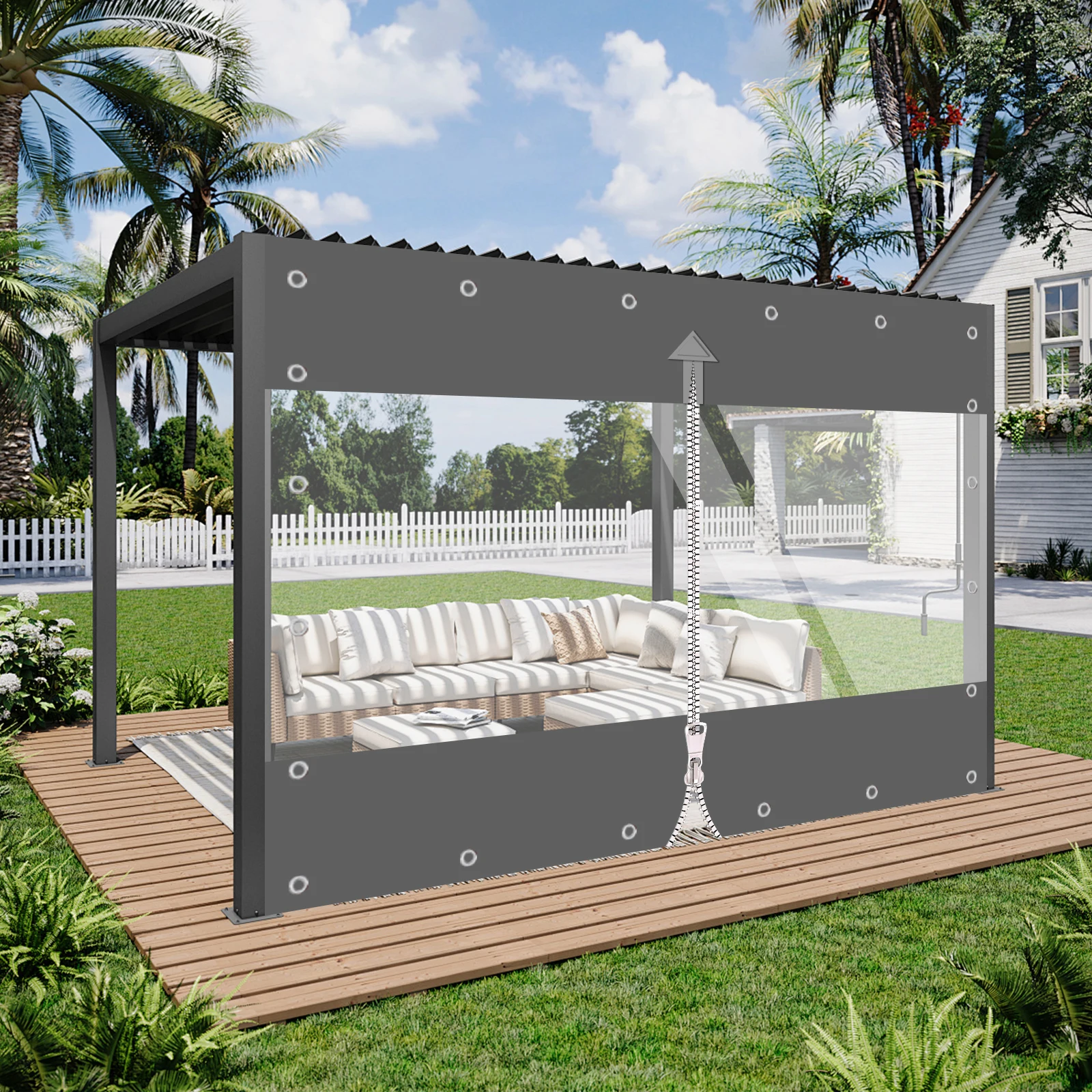 قماش القنب مقاوم للماء عالي التحمل مع سحاب 650 جرام/م2 قماش مشمع شفاف مانع لتسرب الماء ستارة PVC خارجية لمرآب عريشة الشرفة