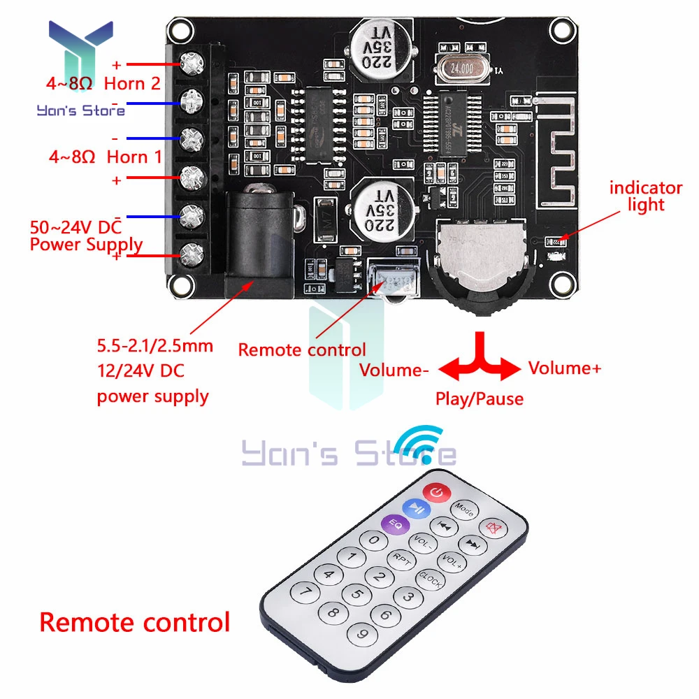 40W Stereo Bluetooth Power Amplifier Board 5V/12V/24V High Power Digital Amplifier Module XY-P40W Reverse Connection Protection