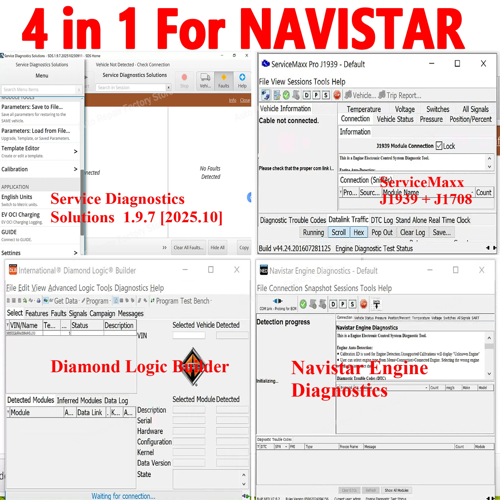 

4in1 For NAVISTAR Service Diagnostics Solutions SDS Pro NED+ DLB Navistar Engine Diagnostics Diamond Logic Builder +ServiceMaxx