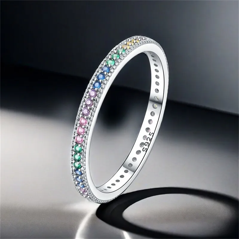 MISEFF Real 925 Sterling Silver Double Rings Simple Color Zircon Rings For Wedding Engagement Birthday Silver Jewelry Gift