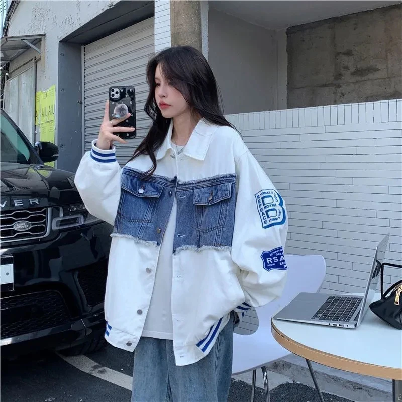 

MEXZT Streetwear Bomber Jacket Women Y2K Oversized Denim Patchwork Baseball Coat Vintage Korean Letter Print Casual Outerwear