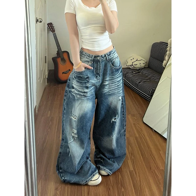ZHIZOU Summer Women Jeans Punk Wide Fit Ripped Denim Pants Design Bleach Y2K Japanese Harajuku 2000s Grunge High Street Korean