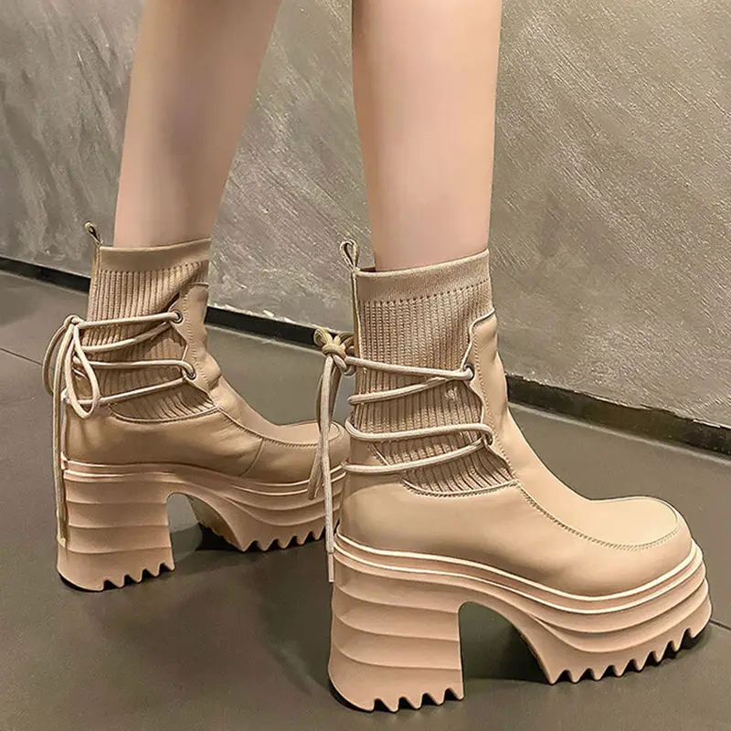 2024 New Ankle Boots Women Quality Platform Boots Female Fashion Short Boot Black Chunky High Heel Women Shoes Fashion Spring