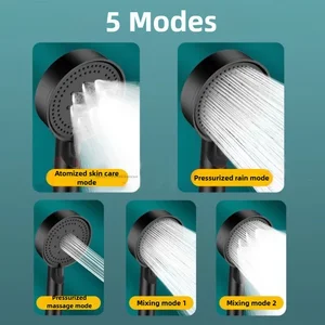 Black 5 Modes Shower Head Adjustable High Pressure Water Saving Shower Head Water Massage Shower Head Bathroom Accessories