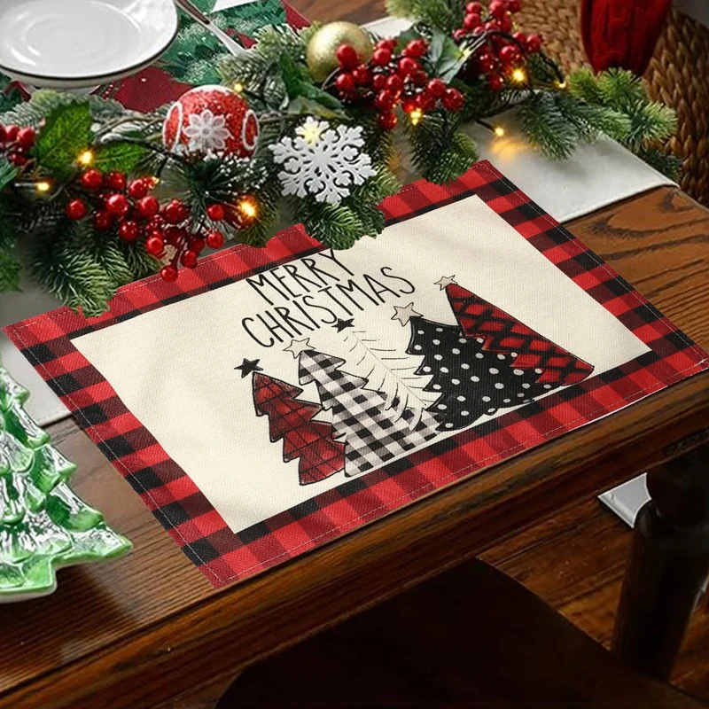 1/4pcs Plaid Xmas Tree Christmas Placemats Linen Tableware Mat Christmas Decorations For Home Kitchen 2024 Xmas Noel Table Decor