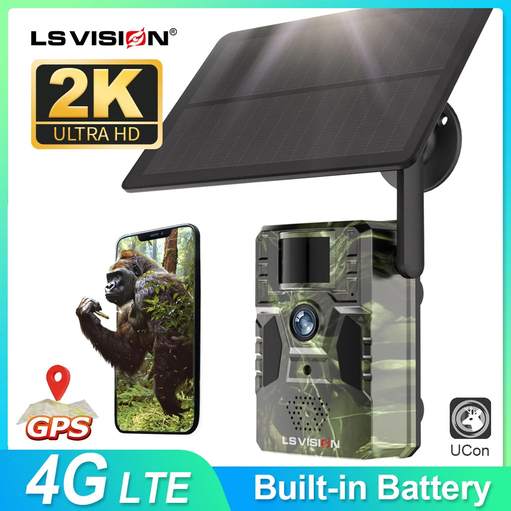 LS VISION 2K Camera Solar Powered Night Vision Trail 4G 12MP Hunting Cameras Full Color in Low Light Camera GPS Wildlife Monitor