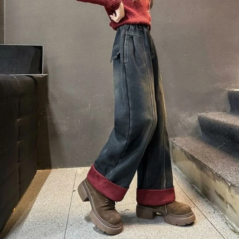 

Новинка 2023 года, осенне-зимние джинсы для девочек на флисовой подкладке — термостойкая прямая широкая уличная зимняя одежда с широкими штанинами для детей среднего и большого размера