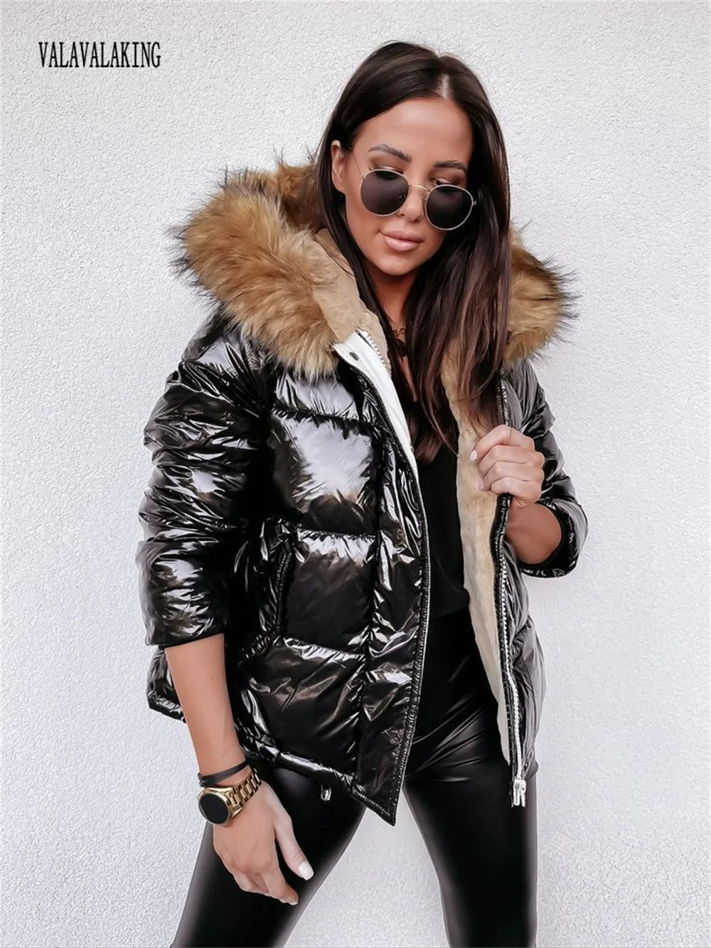 2025 Winter Plus Size Faux Fur Hooded Coat Women Furry Long Sleeve Plush Lining Jacket Ladies Large Zipper Warm Fluffy Outwear