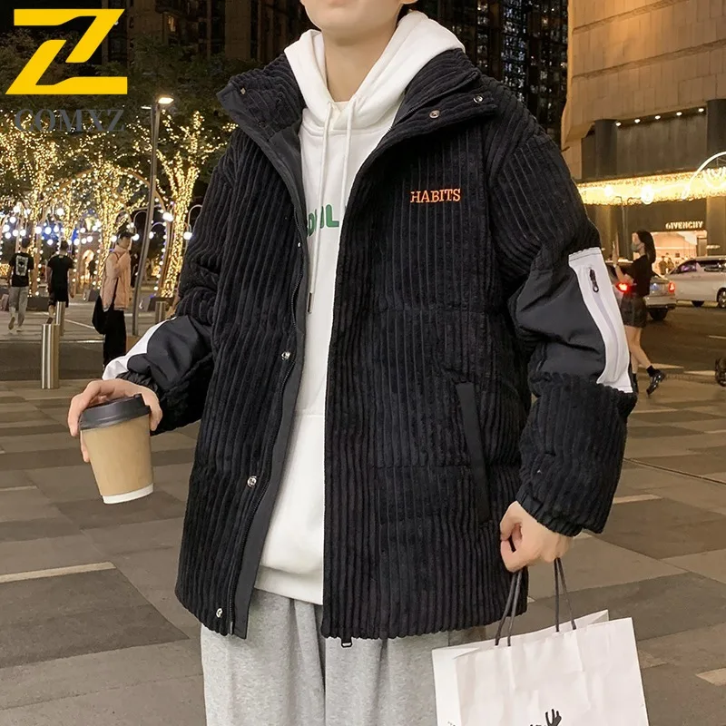 COMXZ Men Parker Coat Warm Lightweight Stand Collar Corduroy Down Jacket Ski Travel Windproof Slim Snow Cotton Padded Jacket