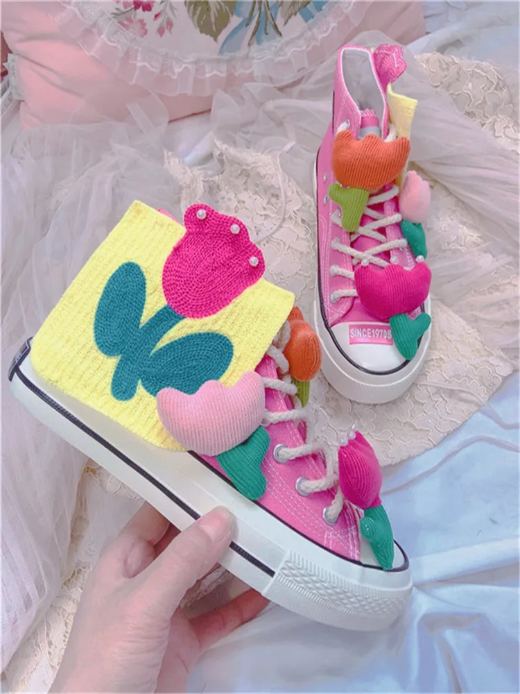 Women Shoes Custom Design For Lady Party Canvas Handmade Flower Cute Pink Pearls Sneakers Adult Shoes