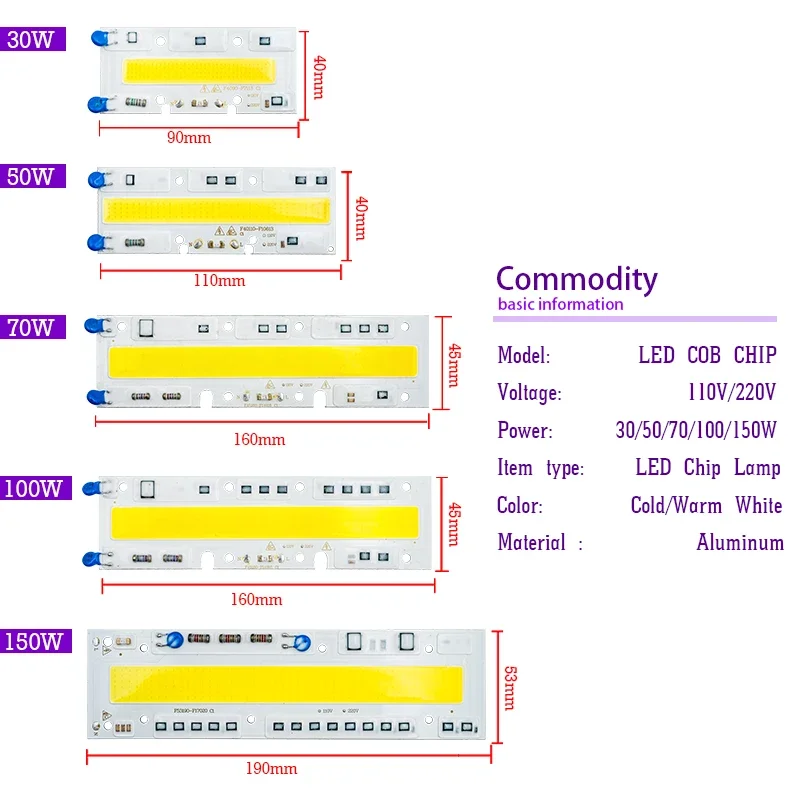 Led Lamp Chip AC 110V 220V COB Beads 30W 50W 70W 100W 150W Lampada Input DIY No Driver LED Bulb Flood Light Spotlight