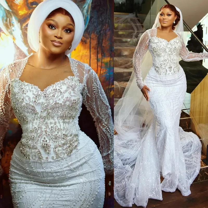 Luxury Beaded Mermaid Bridal Dress Africa Women Long Sleeve Sweetheart Sparkly Lace Wedding Dress Vestido De Novia Customized