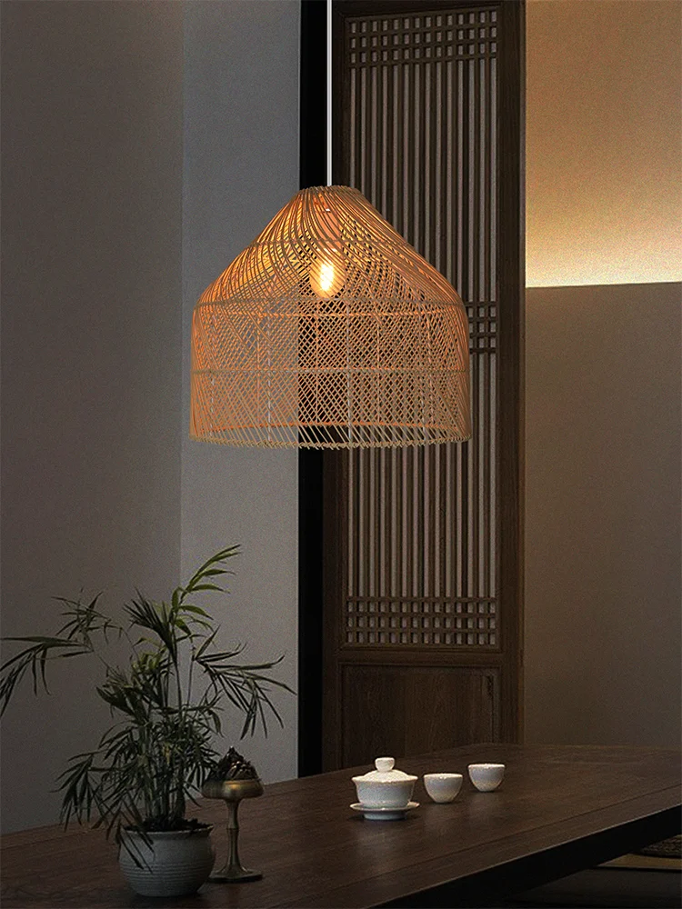 Chinese retro bamboo woven chandelier Zen tea room personalized restaurant living room rattan woven lighting fixtures