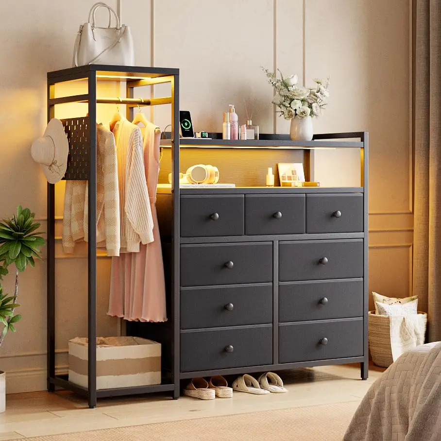 

9 Drawer Dresser with Hanging Rack 63in Wood Top Fabric Chest Charging Station LED Lights Bedroom Storage, Customized